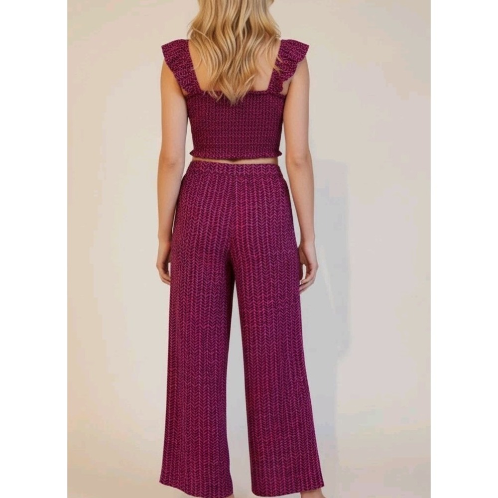Luxury Set Magenta Purple Wide Leg Pants & Crop Top Smocked Ruffle 2XL3XL Resort - Picture 2 of 15